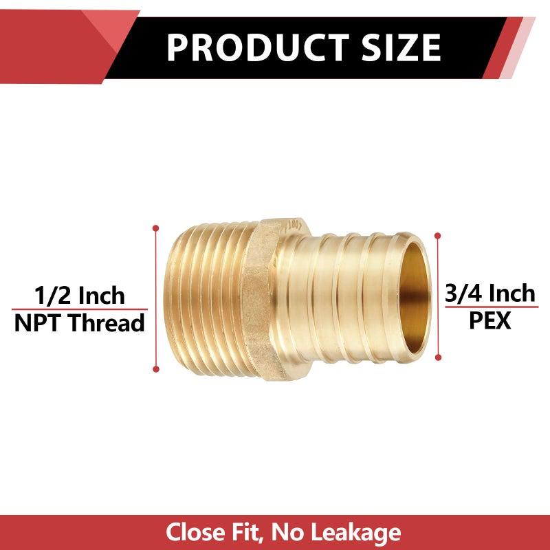 EFIELD (Pack of 5) EFIELD Pex Barb Crimp Brass Fittings 3/4 Inch x 1/2 Inch Male NPT Adapter, ASTM F1807,(PEX1807026) - Image 2